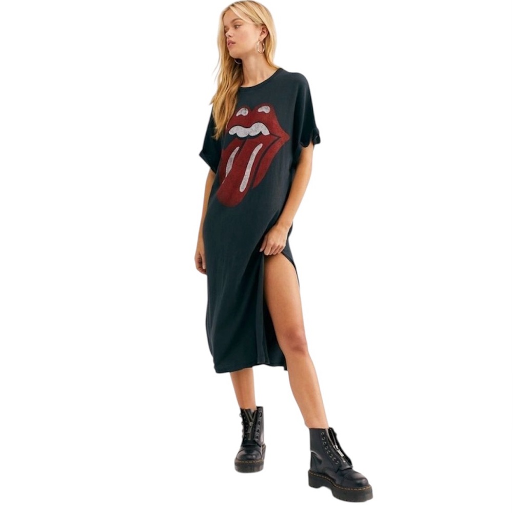 Daydreamer Black Tee Midi Dress with Red Tongue Graphic